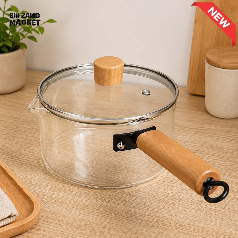 CLEAR GLASS SAUCEPAN WITH WOODEN HANDLE AND GLASS LID