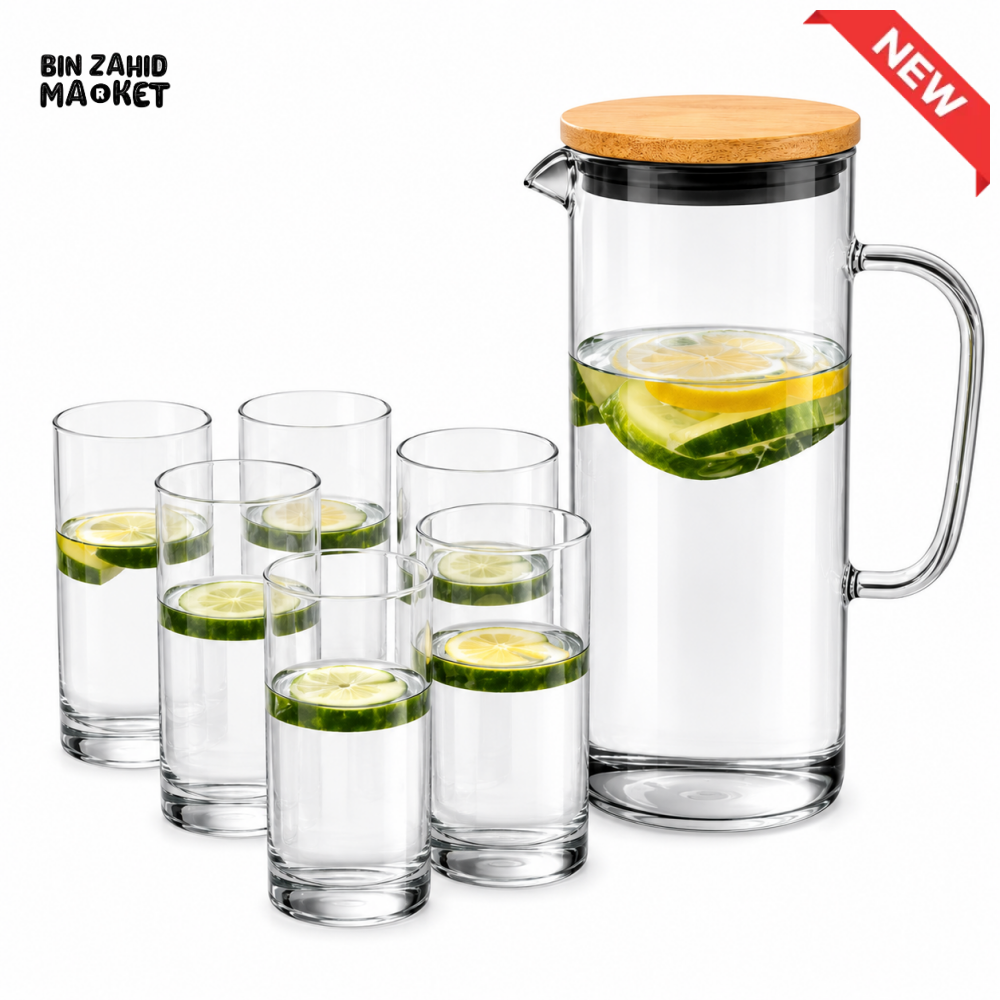 CLEAR GLASS WATER PITCHER SET WITH 6 DRINKING GLASSES & ROUND BAMBOO TRAY - LIGHT BLACK