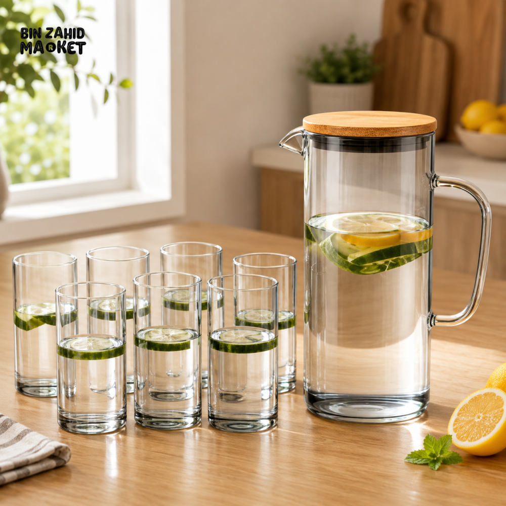 CLEAR GLASS WATER PITCHER SET WITH 6 DRINKING GLASSES & ROUND BAMBOO TRAY - LIGHT BLACK