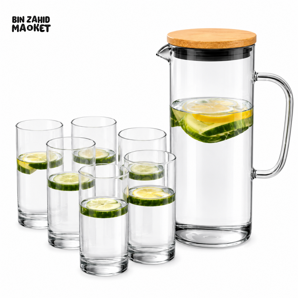 CLEAR GLASS WATER PITCHER SET WITH 6 DRINKING GLASSES & ROUND BAMBOO TRAY - LIGHT BLACK