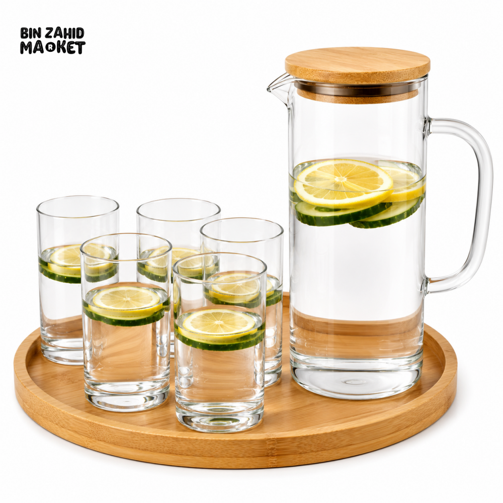 CLEAR GLASS WATER PITCHER SET WITH 6 DRINKING GLASSES & ROUND BAMBOO TRAY - WHITE