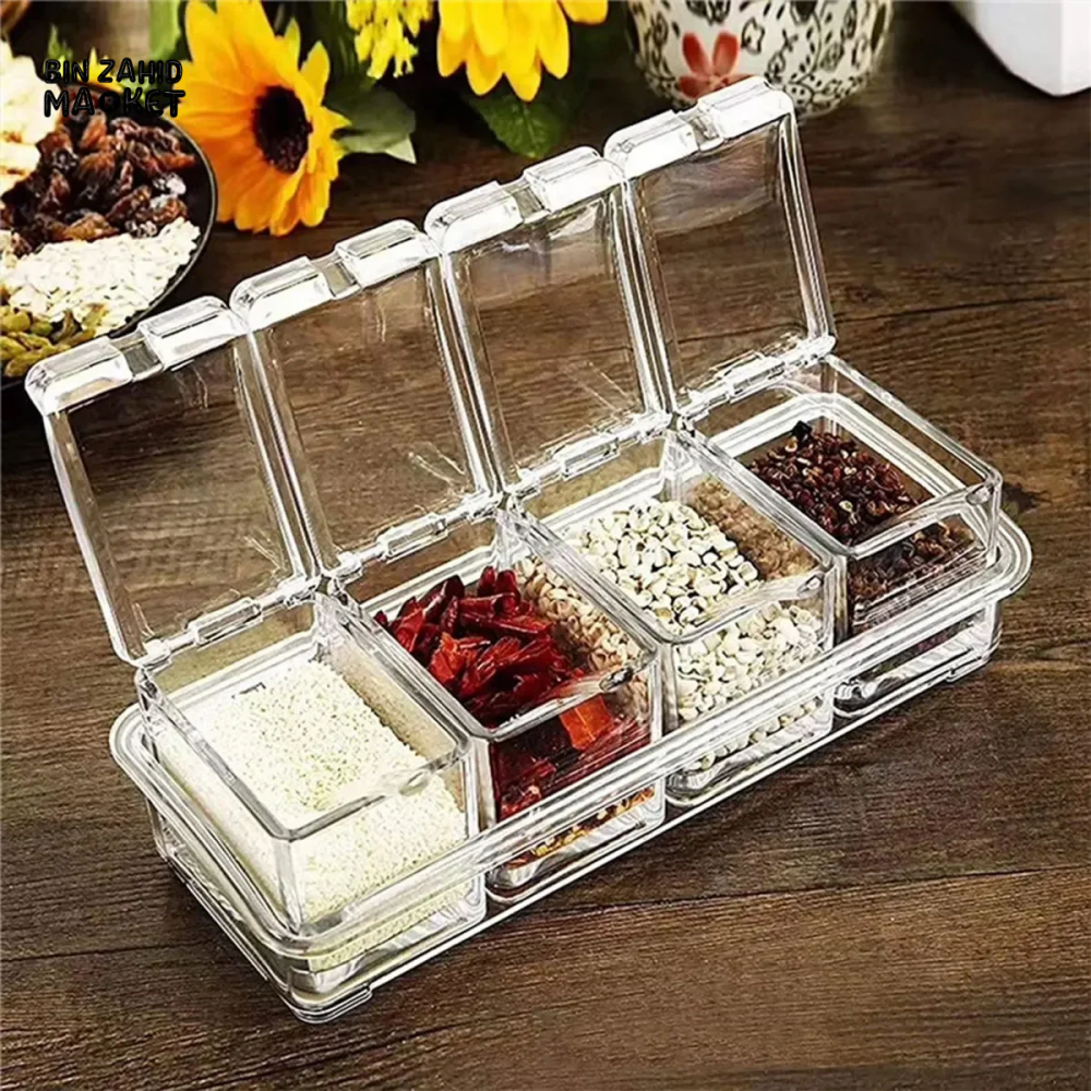 CLEAR SEASONING BOX SET OF 4 CRYSTAL STORAGE CONTAINER WITH SPOON SPICE RACK FOR PEPPER