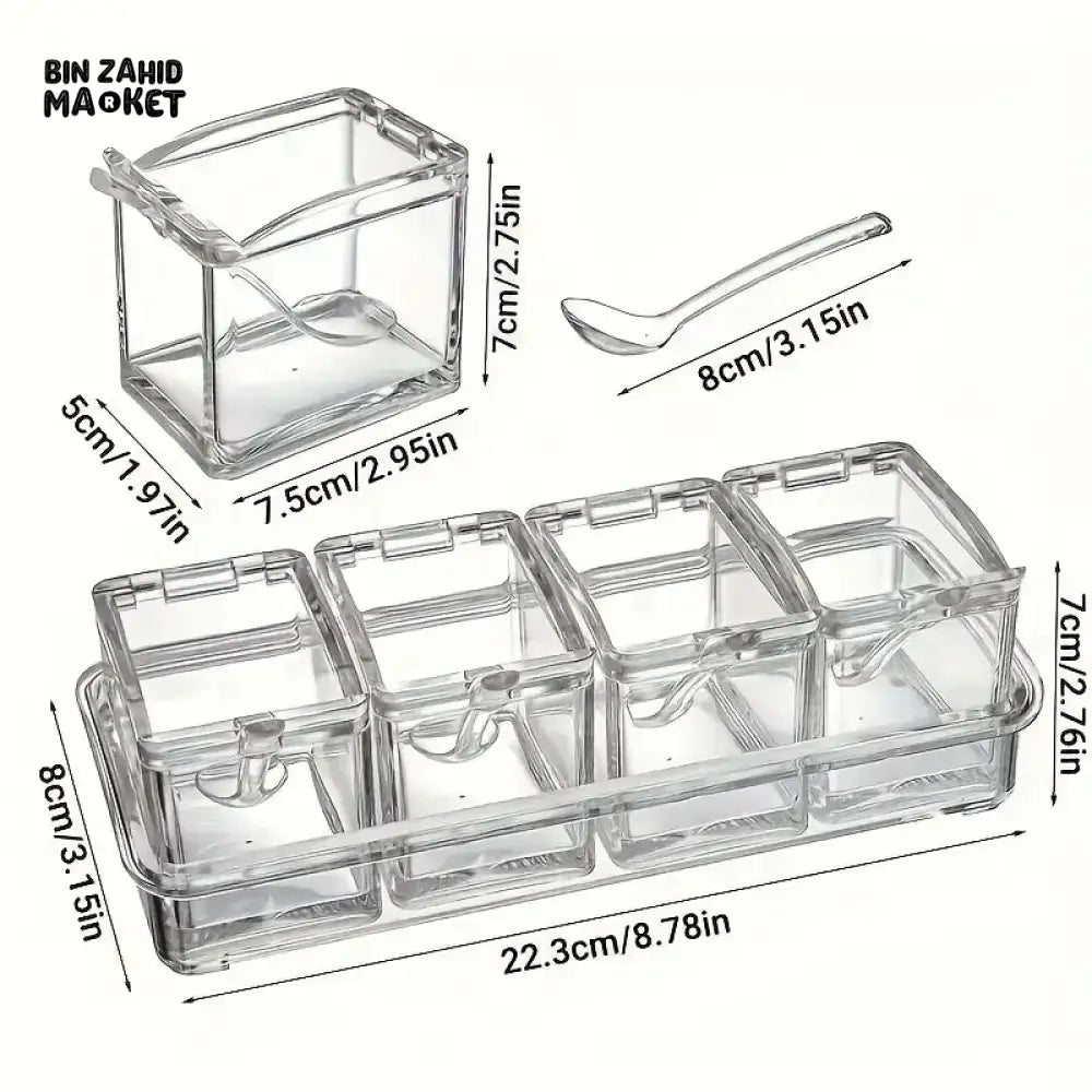 CLEAR SEASONING BOX SET OF 4 CRYSTAL STORAGE CONTAINER WITH SPOON SPICE RACK FOR PEPPER