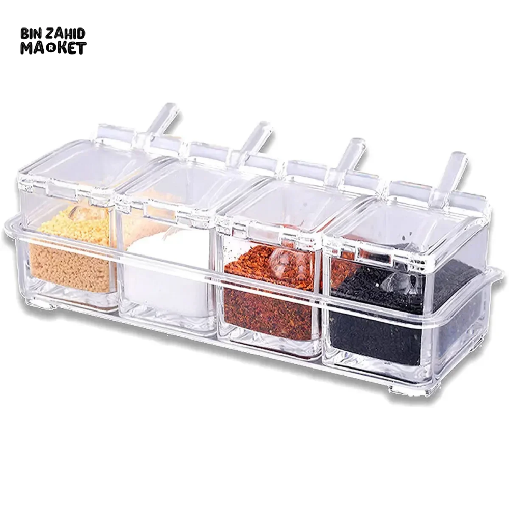 CLEAR SEASONING BOX SET OF 4 CRYSTAL STORAGE CONTAINER WITH SPOON SPICE RACK FOR PEPPER