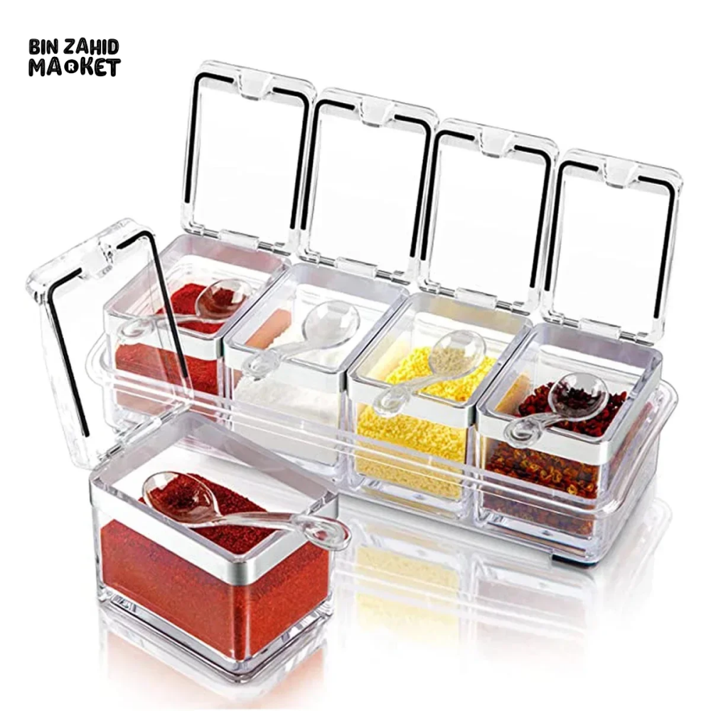 CLEAR SEASONING BOX SET OF 4 CRYSTAL STORAGE CONTAINER WITH SPOON SPICE RACK FOR PEPPER