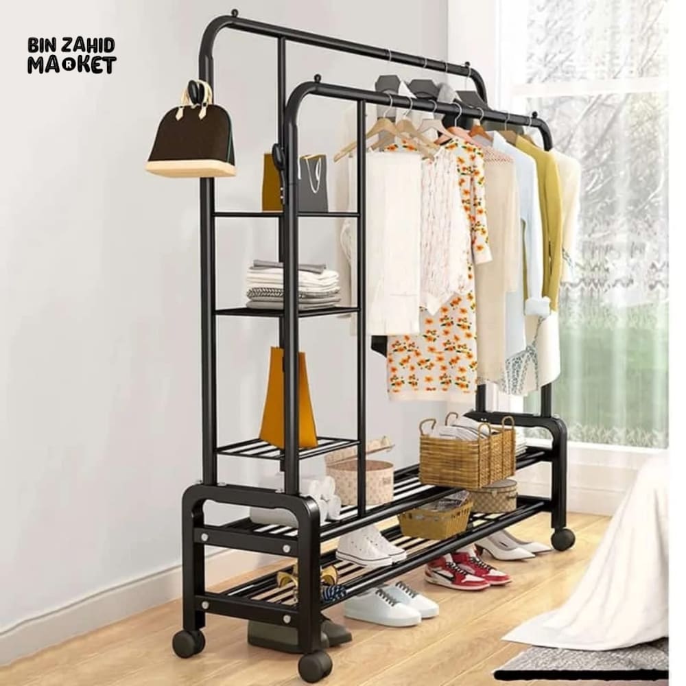 CLOTHES RACK DUAL POLE MOVABLE WARDROBE STAND WITH SHELVES & COAT STORAGE