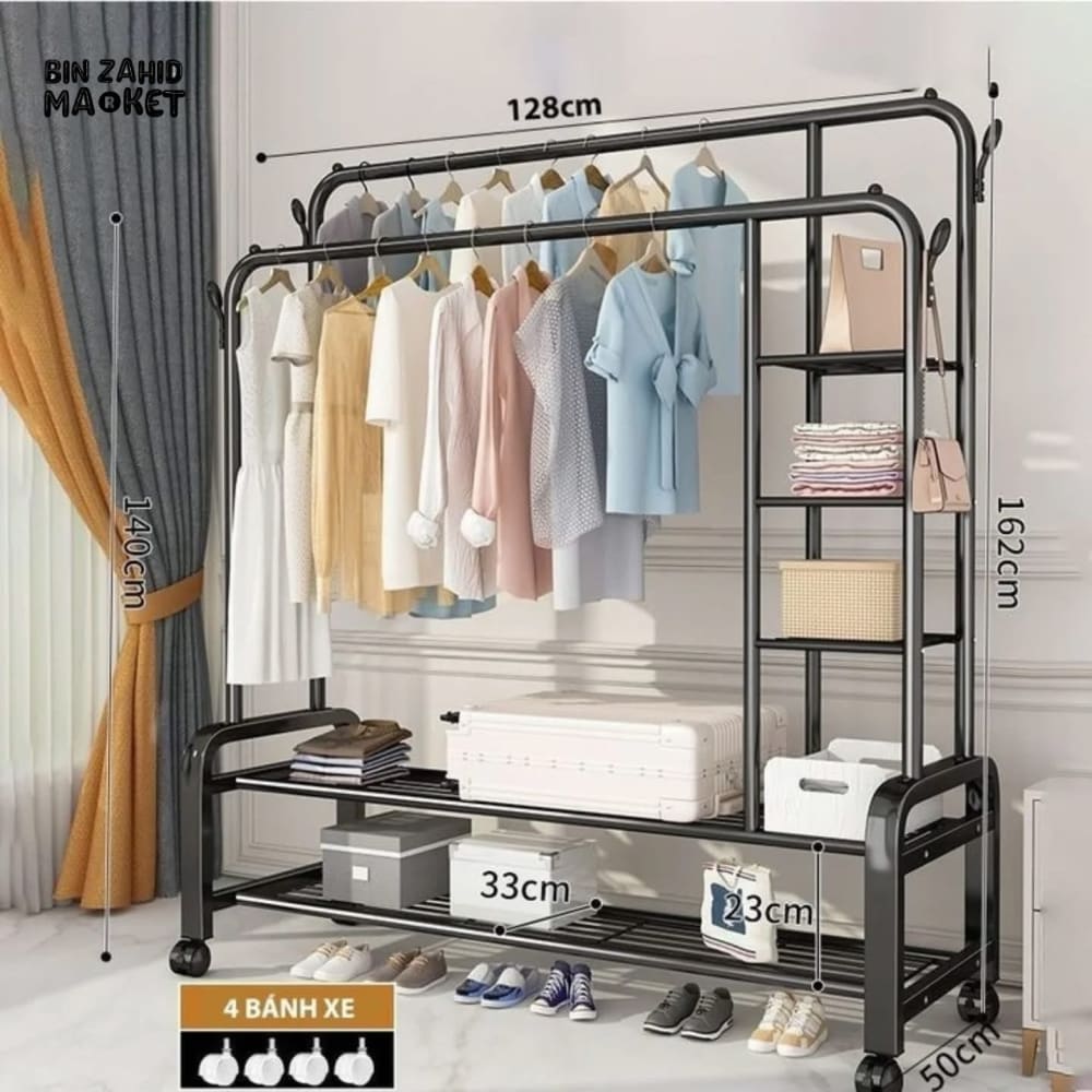 CLOTHES RACK DUAL POLE MOVABLE WARDROBE STAND WITH SHELVES & COAT STORAGE