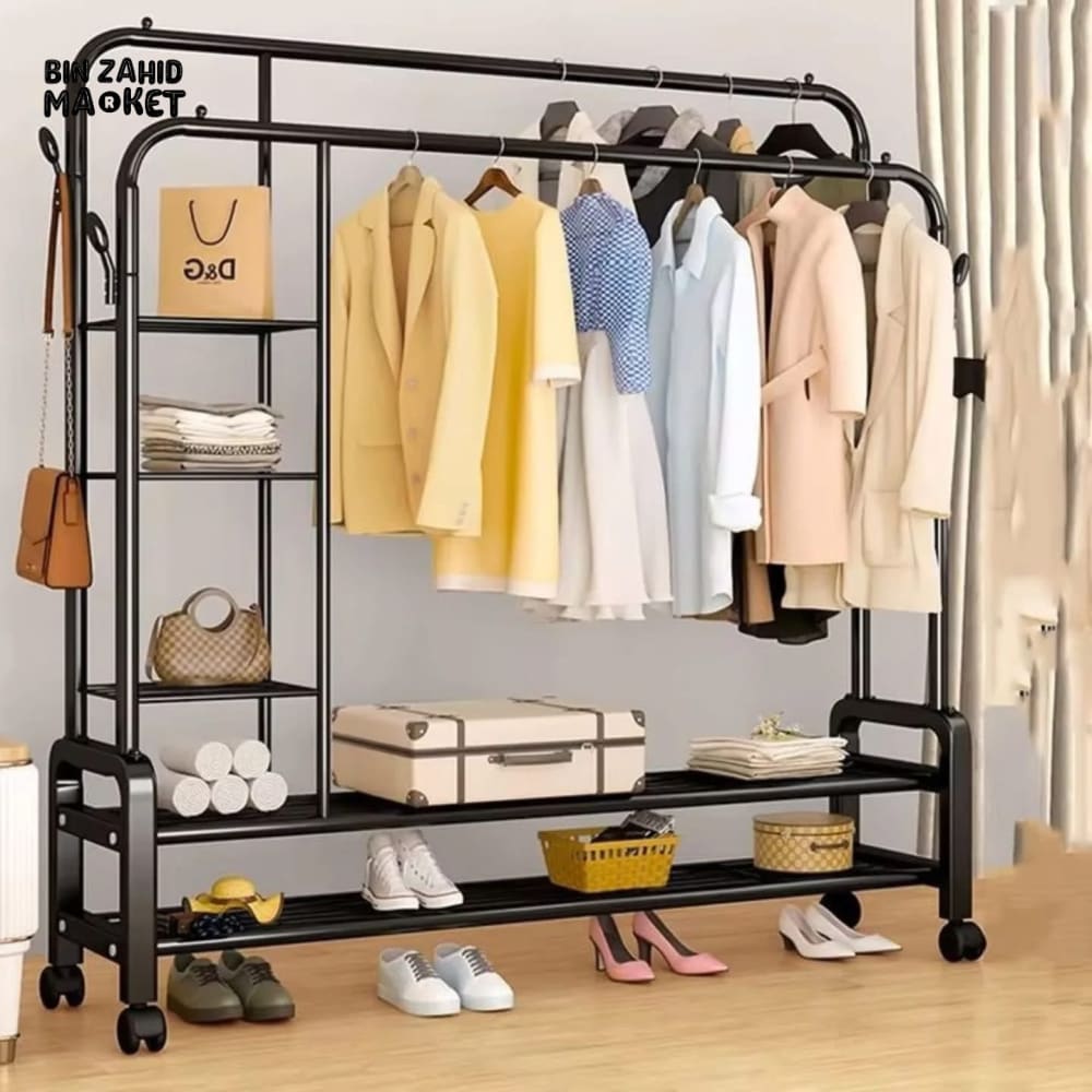 CLOTHES RACK DUAL POLE MOVABLE WARDROBE STAND WITH SHELVES & COAT STORAGE