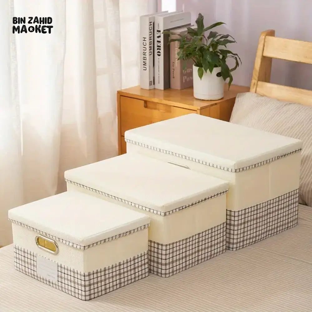 COLLAPSIBLE LINEN STORAGE BOX WITH LID & HANDLES – MULTI-PURPOSE PLAID FABRIC ORGANIZER FOR CLOTHES, TOYS & BOOKS