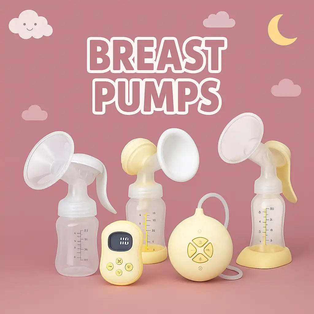 A collection of five breast pumps in various styles, including manual and electric models, some with attached bottles.