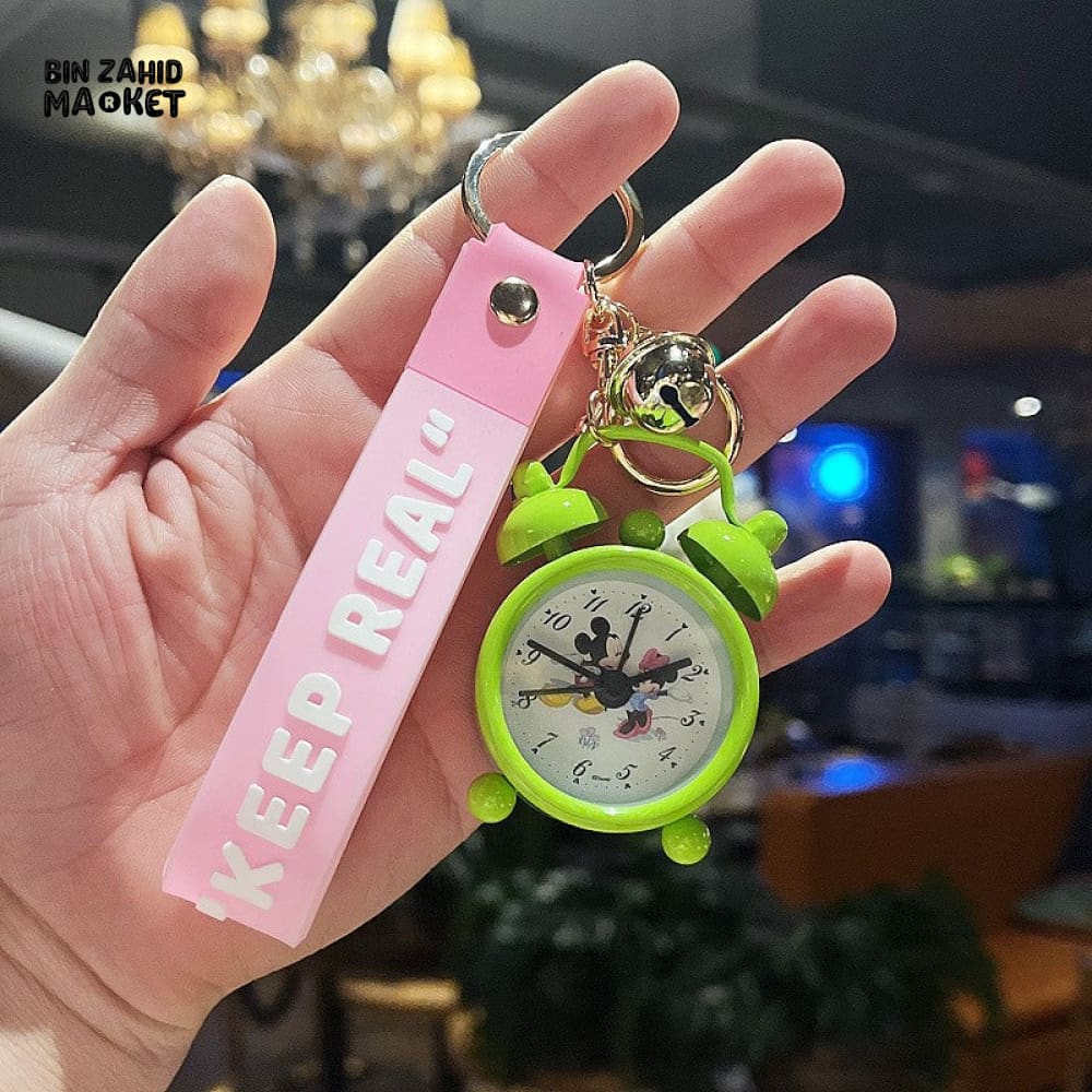 COLORFUL MINI ALARM CLOCK KEYCHAIN WITH "KEEP REAL" STRAP – CUTE CARTOON DESIGN ACCESSORY