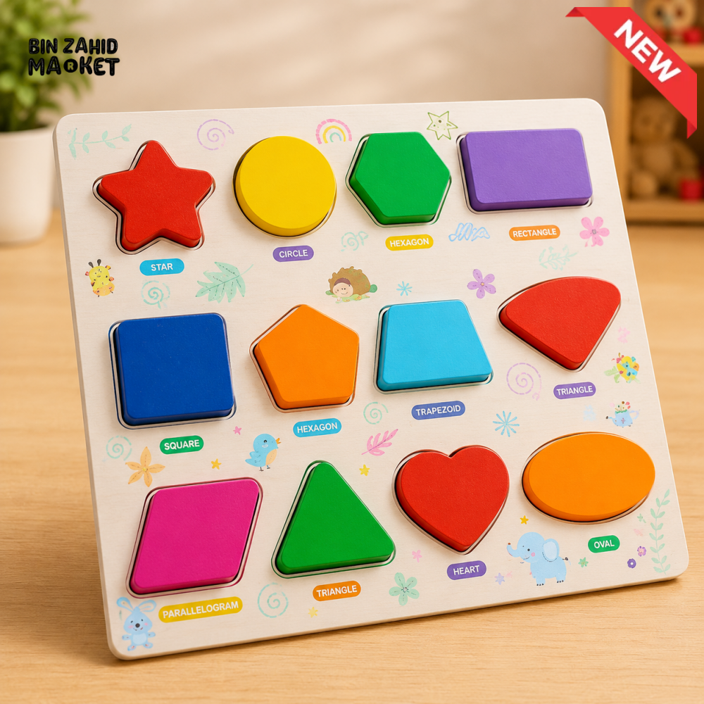 COLORFUL WOODEN GEOMETRIC SHAPES MATCHING PUZZLE BOARD