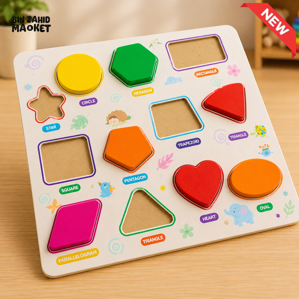 COLORFUL WOODEN GEOMETRIC SHAPES MATCHING PUZZLE BOARD