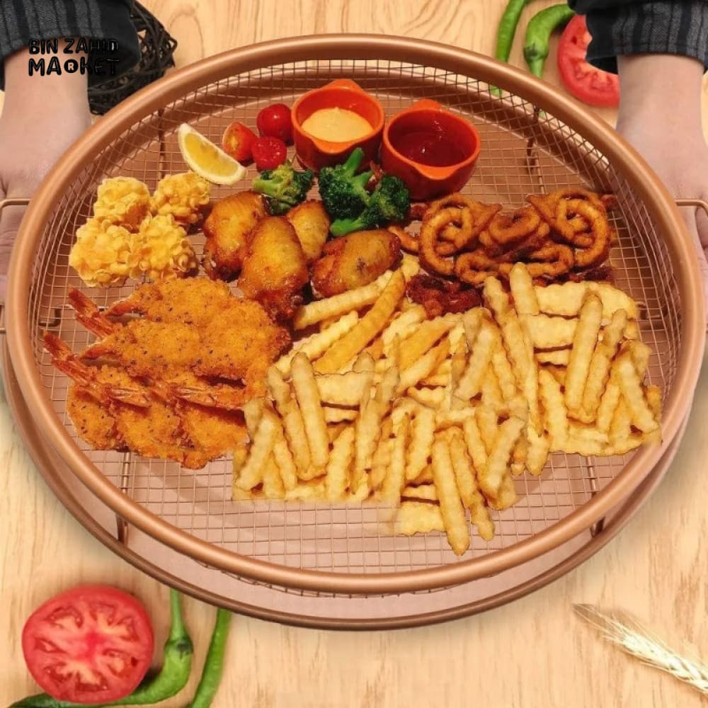 COPPER NON-STICK ROASTING PAN WITH GRILL MESH & FRY BASKET ROUND