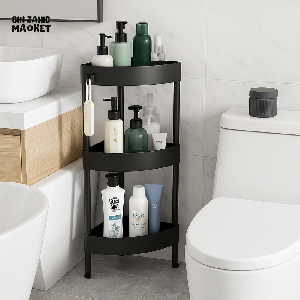 CORNER TOILET TRIANGLE SHELF 4 LAYERS – FLOOR TO CEILING BATHROOM STORAGE RACK SPACE SAVING ORGANIZER FOR TOILETRIES &