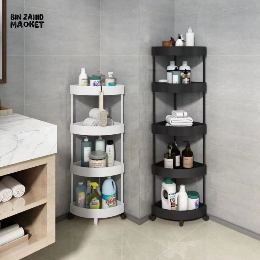 CORNER TOILET TRIANGLE SHELF 4 LAYERS – FLOOR TO CEILING BATHROOM STORAGE RACK SPACE SAVING ORGANIZER FOR TOILETRIES &