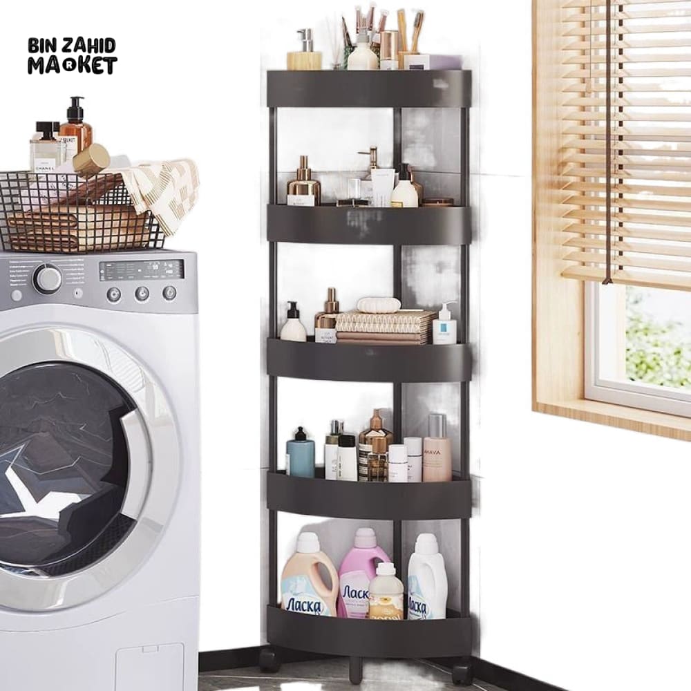 CORNER TOILET TRIANGLE SHELF 4 LAYERS – FLOOR TO CEILING BATHROOM STORAGE RACK SPACE SAVING ORGANIZER FOR TOILETRIES &