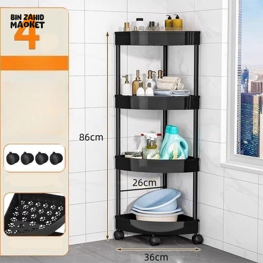 CORNER TOILET TRIANGLE SHELF 4 LAYERS – FLOOR TO CEILING BATHROOM STORAGE RACK SPACE SAVING ORGANIZER FOR TOILETRIES &