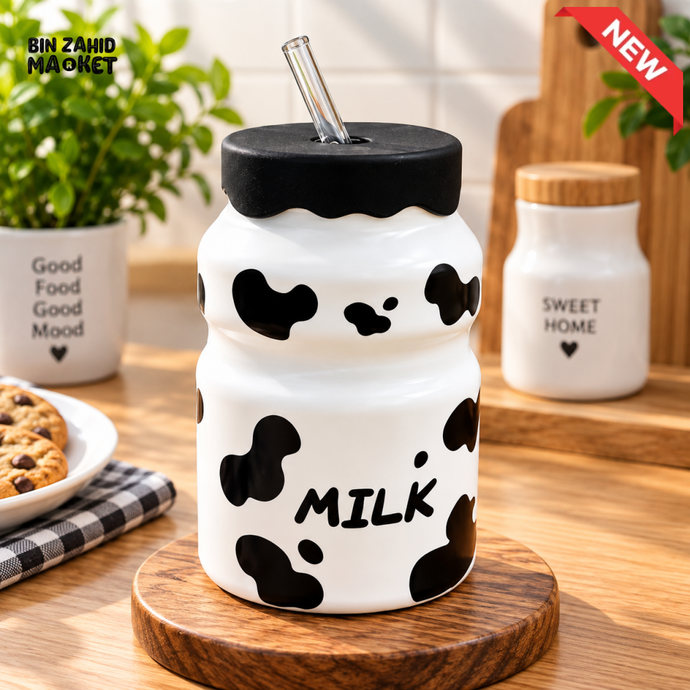 COW PRINT MILK TUMBLER WITH LID & REUSABLE STRAW