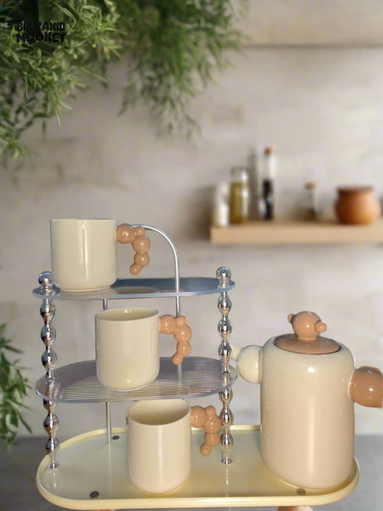 CREAM-STYLE CERAMIC TEA SET — ELEGANT TEAPOT AND CUPS WITH STYLISH RACK PERFECT FOR LIVING ROOM USE OR AS A HOUSEWARMING GIFT - BEIGE