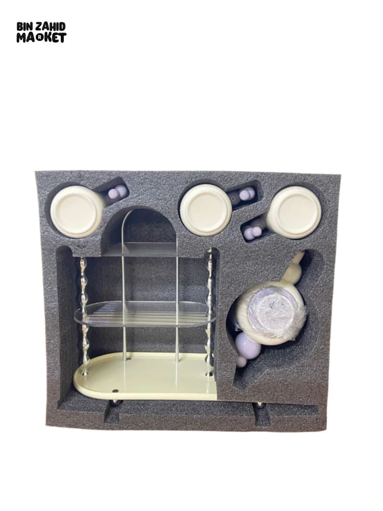 CREAM-STYLE CERAMIC TEA SET — ELEGANT TEAPOT AND CUPS WITH STYLISH RACK PERFECT FOR LIVING ROOM USE OR AS A HOUSEWARMING GIFT - BEIGE