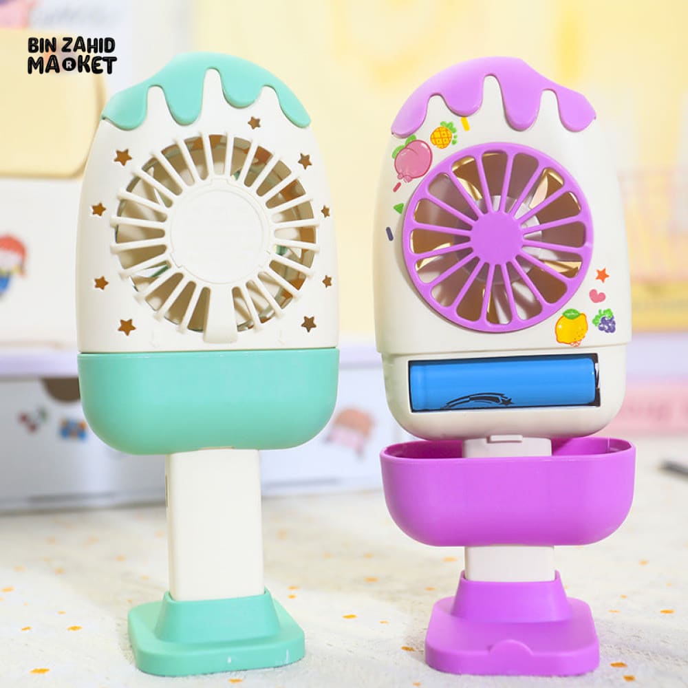 CREATIVE HANDHELD ICE CREAM SHAPE FAN – PORTABLE OUTDOOR COOLING 3 SPEED STRONG WIND RECHARGEABLE DESKTOP STAND FAN