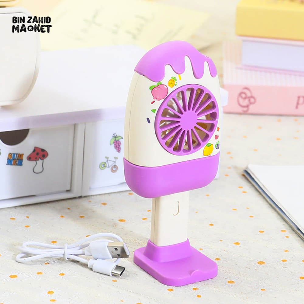 CREATIVE HANDHELD ICE CREAM SHAPE FAN – PORTABLE OUTDOOR COOLING 3 SPEED STRONG WIND RECHARGEABLE DESKTOP STAND FAN