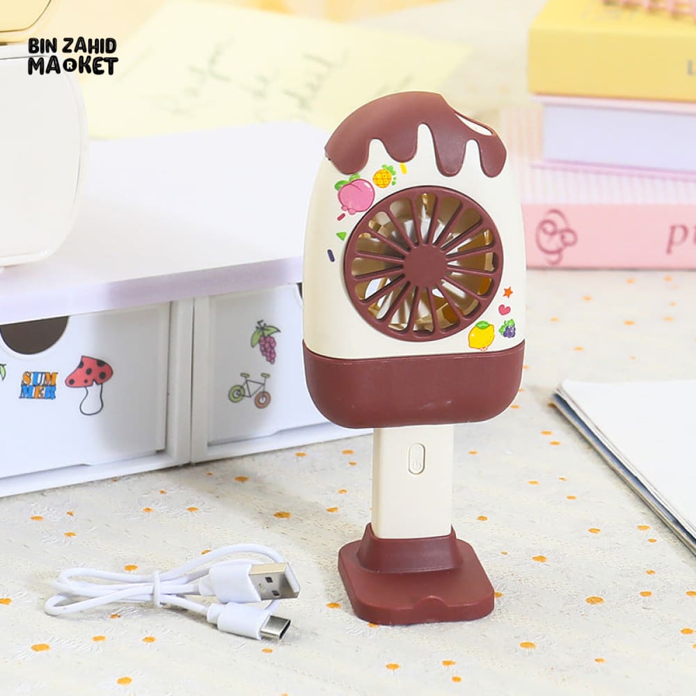 CREATIVE HANDHELD ICE CREAM SHAPE FAN – PORTABLE OUTDOOR COOLING 3 SPEED STRONG WIND RECHARGEABLE DESKTOP STAND FAN