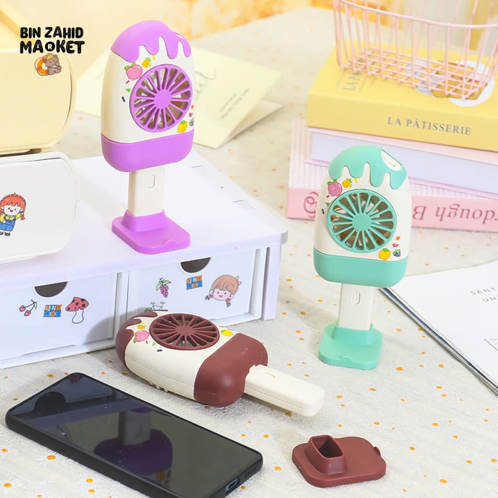 CREATIVE HANDHELD ICE CREAM SHAPE FAN – PORTABLE OUTDOOR COOLING 3 SPEED STRONG WIND RECHARGEABLE DESKTOP STAND FAN