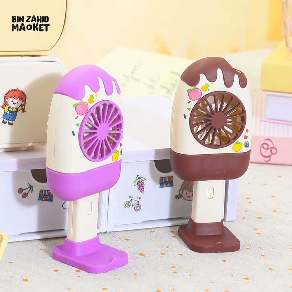CREATIVE HANDHELD ICE CREAM SHAPE FAN – PORTABLE OUTDOOR COOLING 3 SPEED STRONG WIND RECHARGEABLE DESKTOP STAND FAN