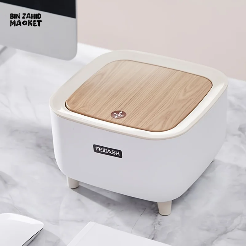 CREATIVE MINI DESKTOP TRASH CAN WITH LID – BEDROOM OFFICE COFFEE TABLE WASTE BIN TABLE TOP SQUARE
