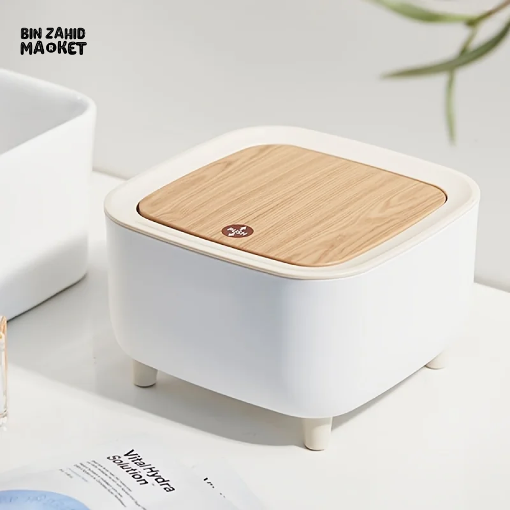 CREATIVE MINI DESKTOP TRASH CAN WITH LID – BEDROOM OFFICE COFFEE TABLE WASTE BIN TABLE TOP SQUARE