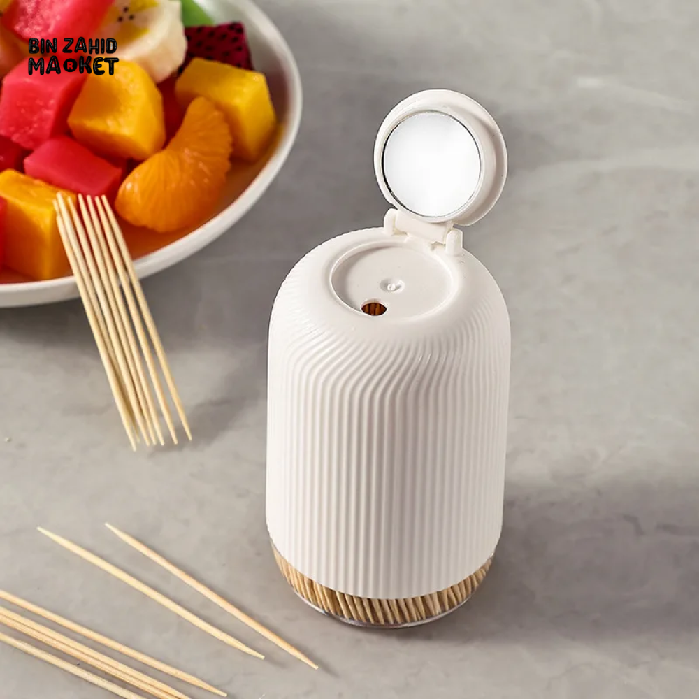 CREATIVE TOOTHPICK HOLDER – PLASTIC DISPENSER WITH SMALL MIRROR & STORAGE