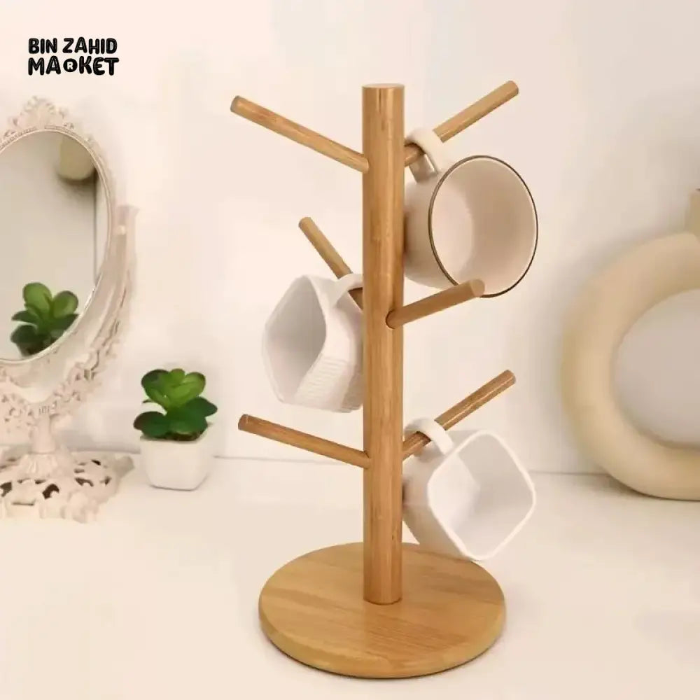 CREATIVE WOODEN BAMBOO CUP STORAGE RACK – TREE SHAPED DESKTOP COFFEE & TEA HOLDER