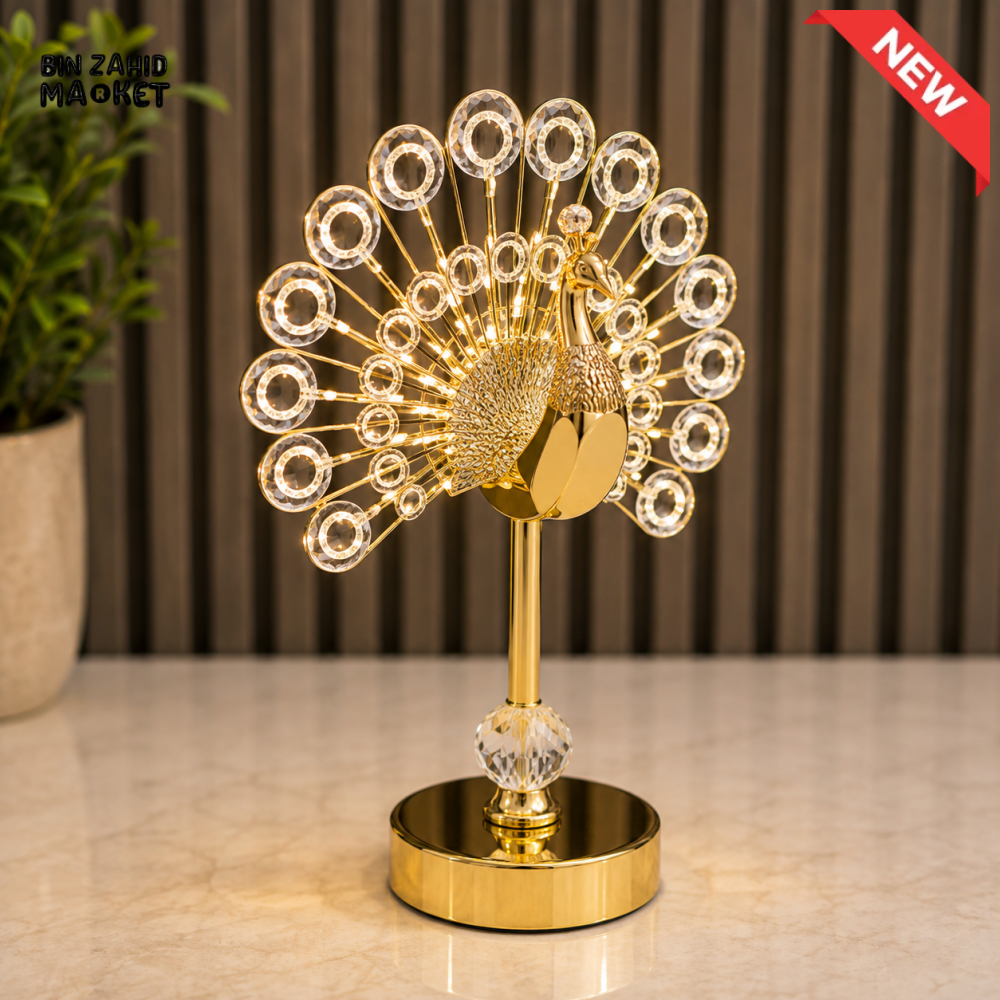 CRYSTAL PEACOCK LED DECORATIVE TABLE LAMP WITH GOLDEN BASE