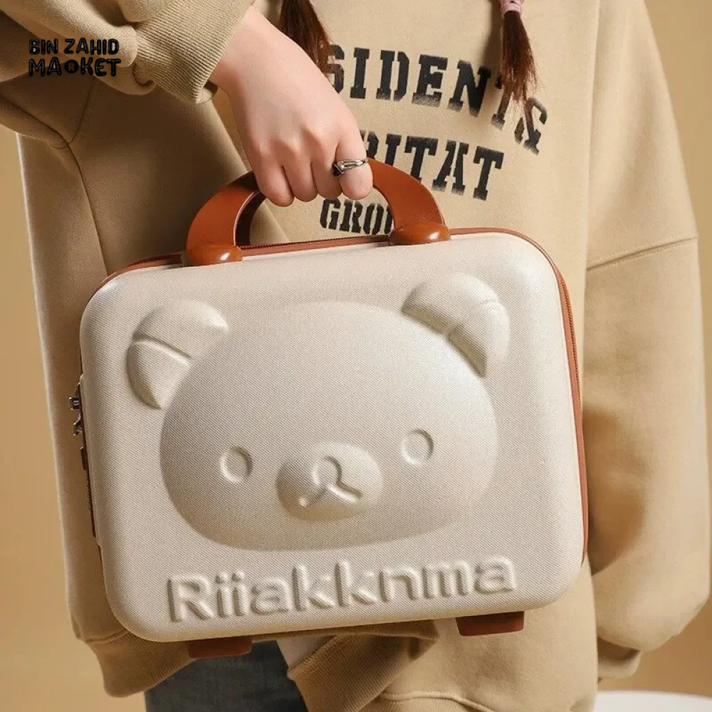 CUTE BEAR CARTOON PASSWORD BOX LARGE CAPACITY PORTABLE TRAVEL SUITCASE WOMEN'S HANGING BAG WITH HANDHELD LUGGAGE & ZIPPER CLOSURE Beige Brown