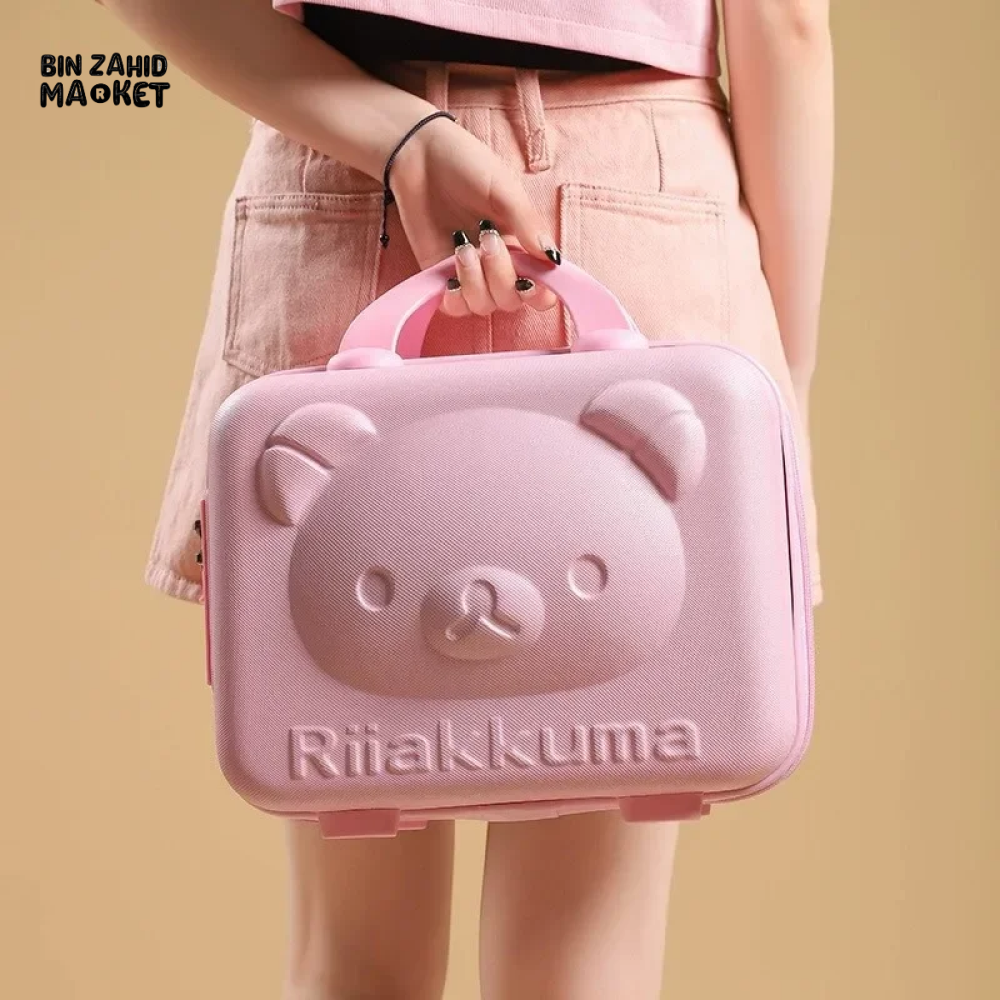 CUTE BEAR CARTOON PASSWORD BOX LARGE CAPACITY PORTABLE TRAVEL SUITCASE WOMEN'S HANGING BAG WITH HANDHELD LUGGAGE & ZIPPER CLOSURE Pink