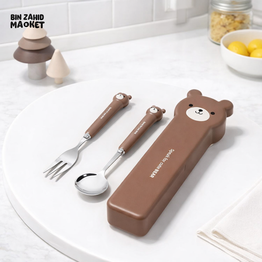CUTE BEAR SPOON & FORK SET WITH STORAGE BOX – KIDS LUNCH CUTLERY