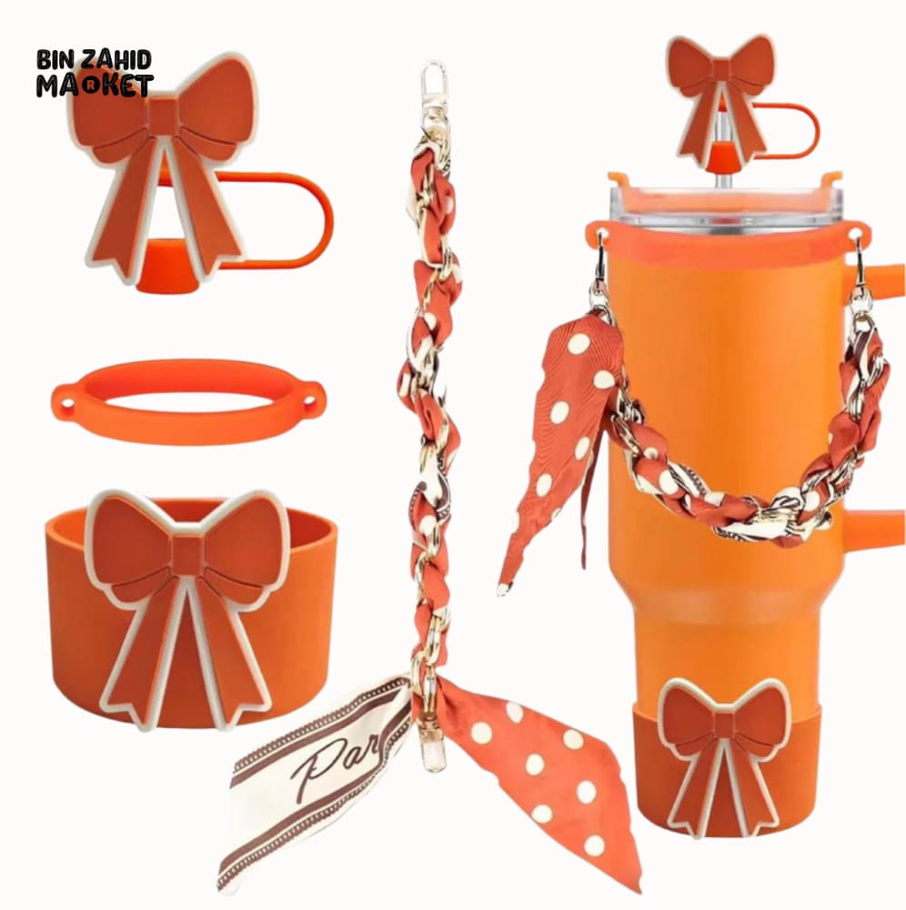 CUTE BOW THERMOS CUP ACCESSORY SET – STRAW COVER SILICONE BAND CHAIN & SCARF DECOR - ORANGE
