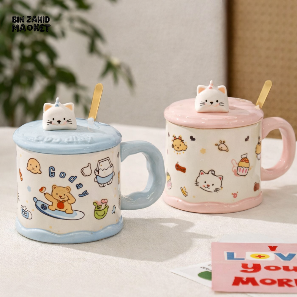 CUTE CARTOON CERAMIC MUG WITH LID & SPOON – PREMIUM GIFT CUP