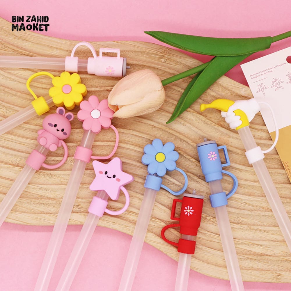 CUTE SILICONE STRAW COVERS WITH STRAWS – REUSABLE CARTOON DRINK STRAW TOPPERS AND DECORATIVE CHARMS FOR CUPS & TUMBLERS