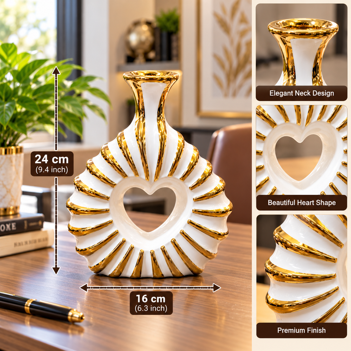 WHITE & GOLD HEART DESIGN DECORATIVE VASE - LARGE