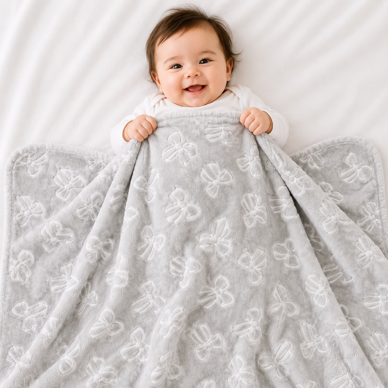 HAPPIMUMS BABY PLUSH SLEEPING BLANKET DOUBLE PLY SWEET RIBBON 110 x 80 - GREY