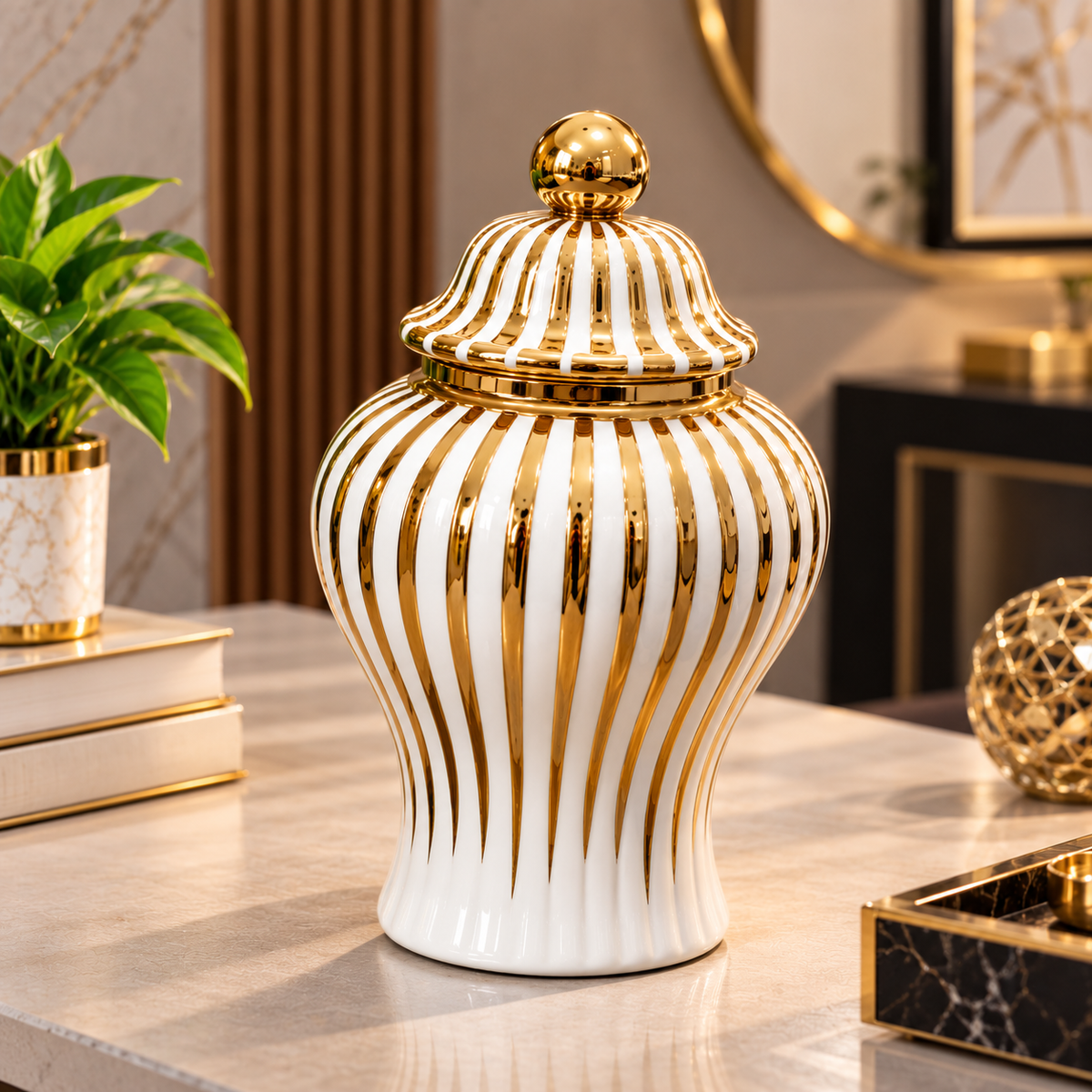WHITE & GOLD STRIPED DECORATIVE JAR WITH LID - SMALL