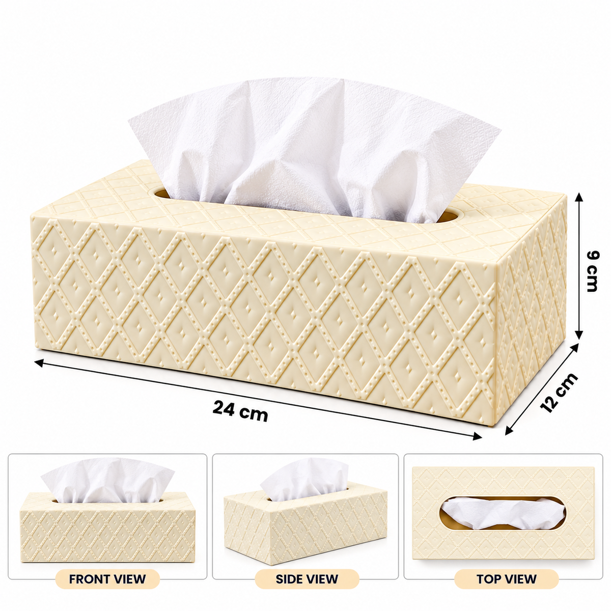 CREAM WHITE DIAMOND PATTERN RECTANGULAR TISSUE BOX COVER
