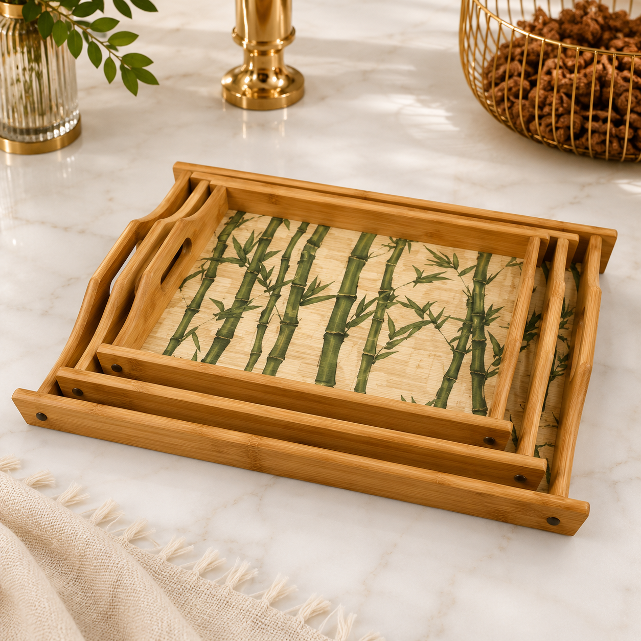 LUXEWOOD 3-PIECE RECTANGULAR WOODEN SERVING TRAY SET - BAMBOO GROVE