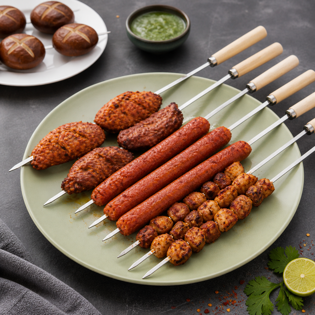 REUSABLE FLAT BBQ SKEWERS SET WITH WOODEN HANDLE 29CM PACK OF 6