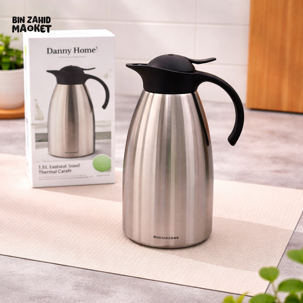 DANNY HOME 1.5L STAINLESS STEEL VACUUM JUG DOUBLE WALL THERMAL CARAFE HOT & COLD BEVERAGE SERVER VF010C