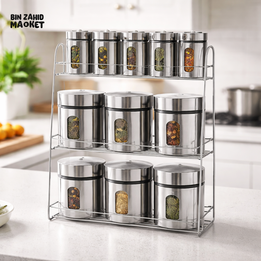 DANNY HOME 12PCS STAINLESS STEEL SPICE JAR SET WITH METAL RACK ORGANIZER 370ML + 90ML KITCHEN STORAGE 1900-49