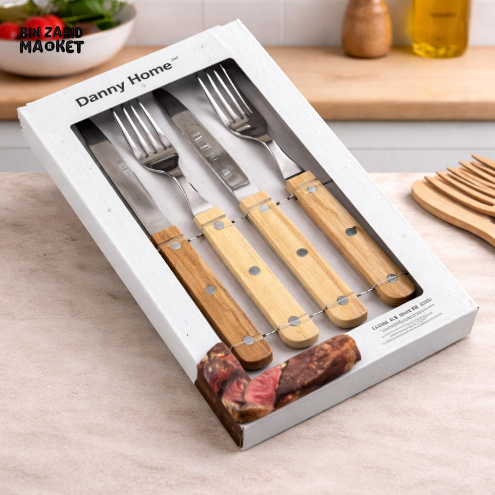 DANNY HOME 12PCS STAINLESS STEEL STEAK KNIFE & FORK SET WITH WOODEN HANDLE – HEAVY DUTY DINING CUTLERY SET (DH3914)